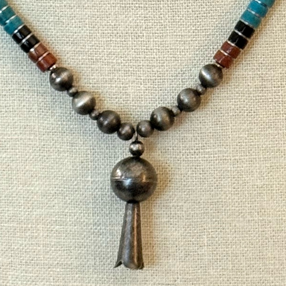 Turquoise Sterling Silver Navajo Pearls Squash Blossom Bell Pendant Necklace - Picture 3 of 8